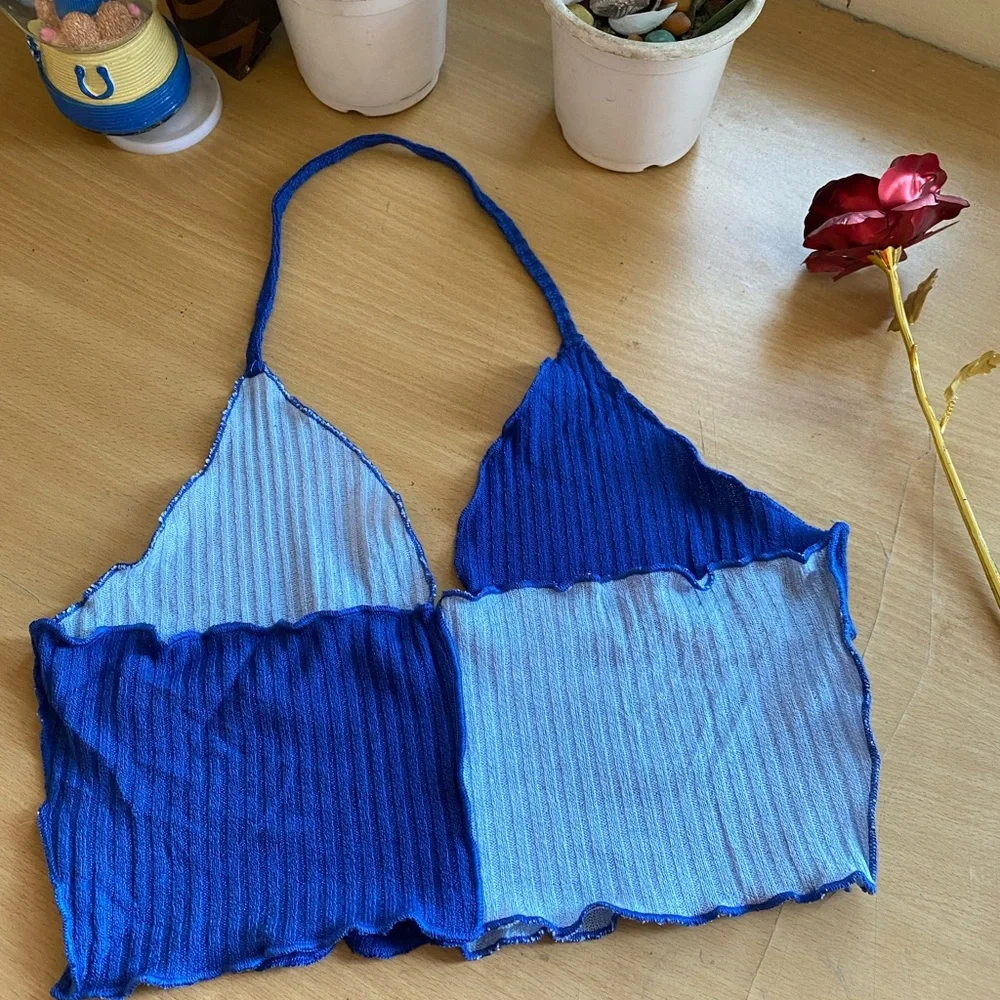 SHEIN EZwear Lettuce Trim Colorblock Halter Top Size -medium - Picture 3 of 5